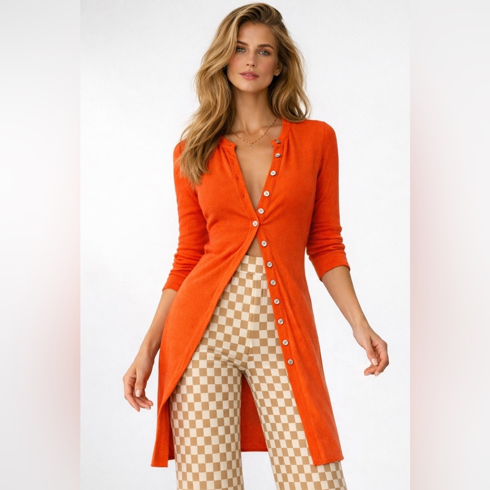 Free People Gia Ribbed Button-Down Cardigan Sweater Orange Large